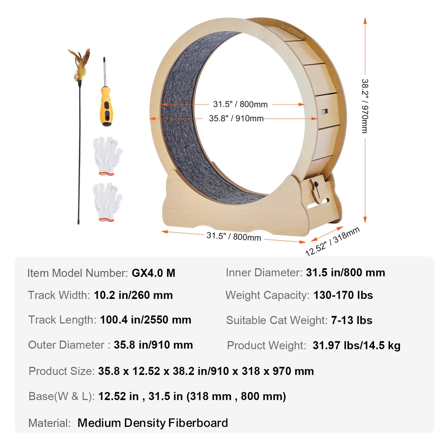SucceBuy Wooden Cat Exercise Wheel For Indoor Cats Detachable Carpet