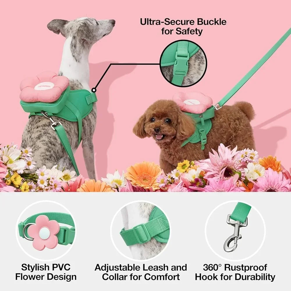 XMSJ Adjustable No Pull Dog Harness Set Leash Collar Floral