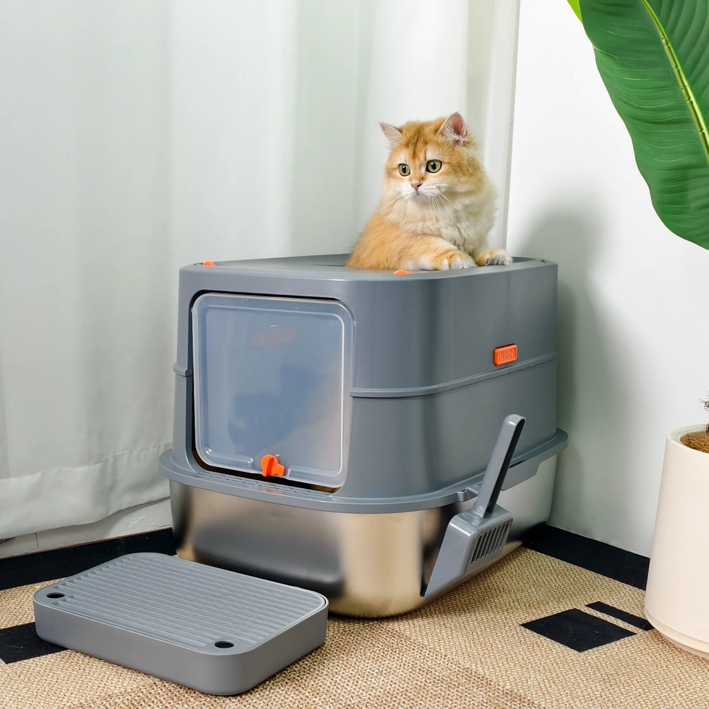 Feature Enclosed Stainless Steel Cat Litter Box With Lid