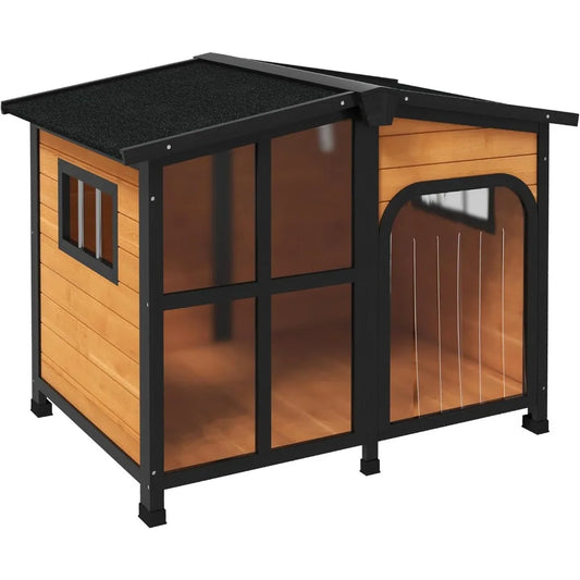 MKDK Cabin Style Wooden Dog House With Openable Roof And Window For Outdoor And Indoor Use