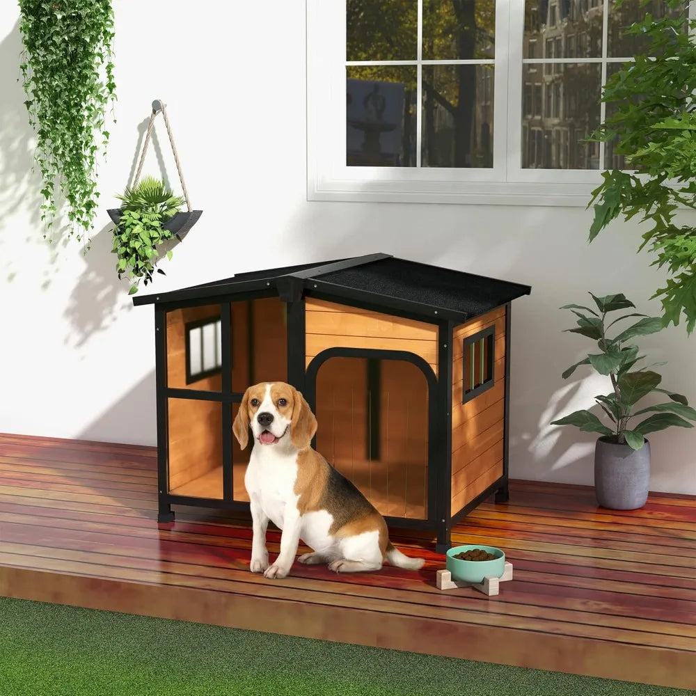 MKDK Cabin Style Wooden Dog House With Openable Roof And Window For Outdoor And Indoor Use