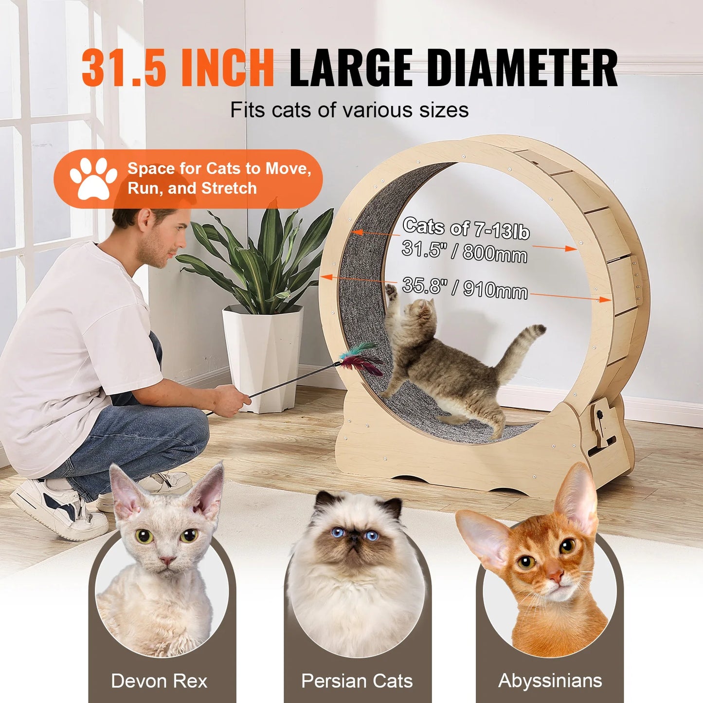 SucceBuy Wooden Cat Exercise Wheel For Indoor Cats Detachable Carpet
