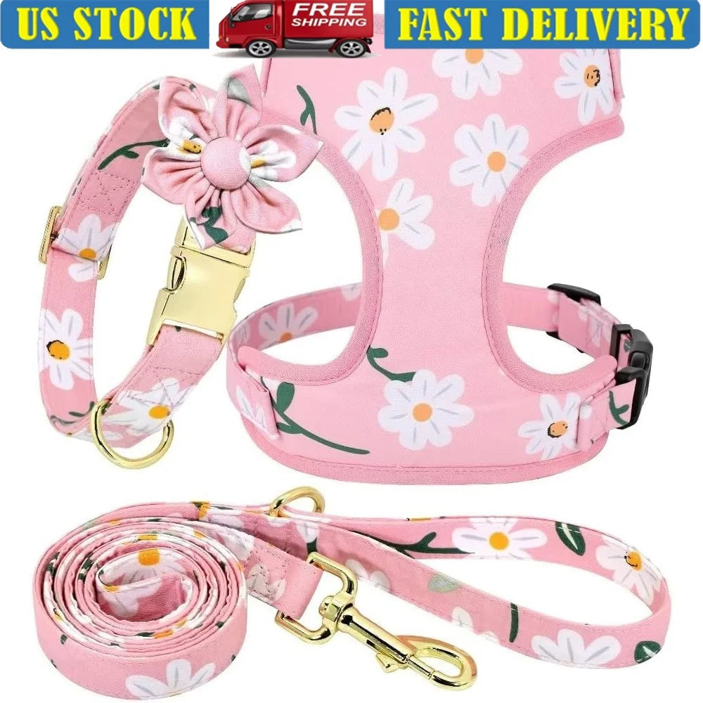 XMSJ Cute Floral Dog Harness Leash Set With Adjustable Collar