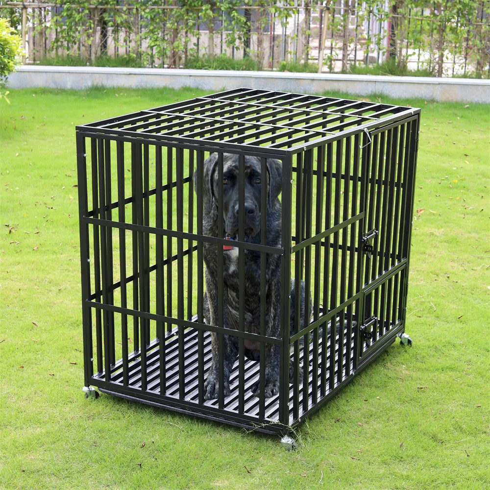 BORWARTH Heavy Duty Iron Dog Crate Square Tube With Lockable Wheels Tray