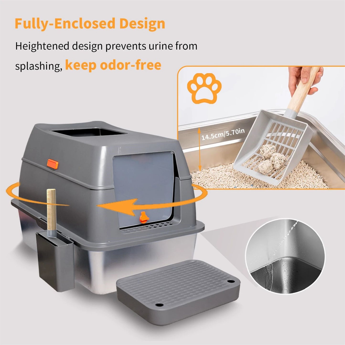 Feature Enclosed Stainless Steel Cat Litter Box With Lid