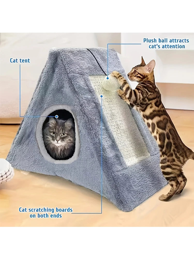 Cat Bed With Plush Ball Toy And Scratching Board