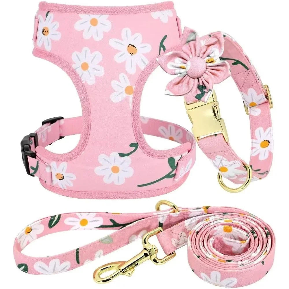 XMSJ Cute Floral Dog Harness Leash Set With Adjustable Collar