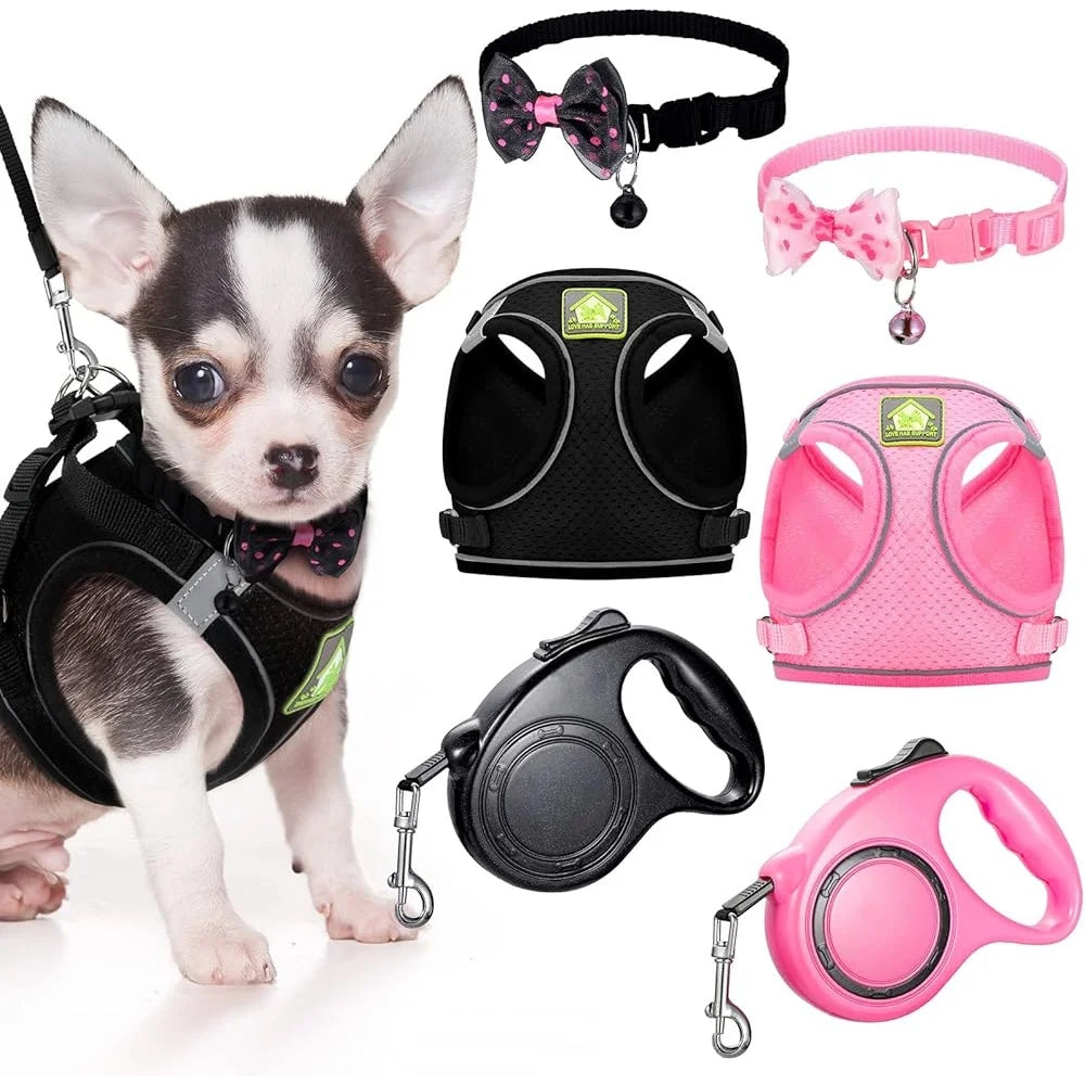 XMSJ 6-Piece Dog Harness Set With Retractable Leash Bowknot Collars