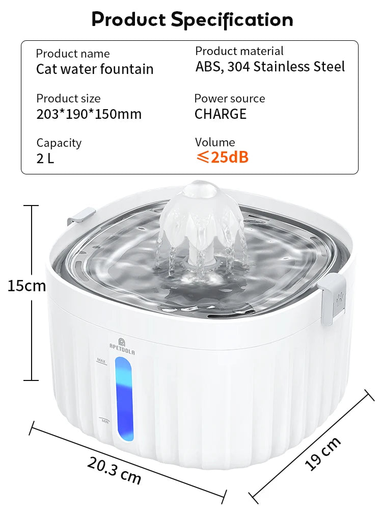 APETDOLA Cat Water Fountain Automatic Pet Water Dispenser Filtration