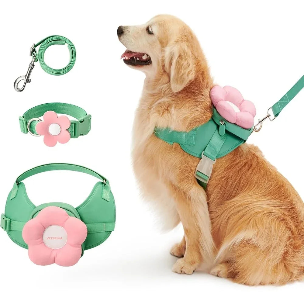 XMSJ Adjustable No Pull Dog Harness Set Leash Collar Floral
