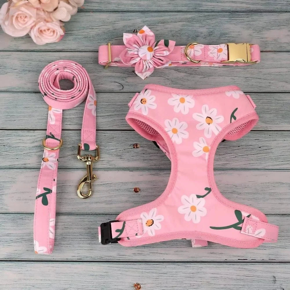 XMSJ Cute Floral Dog Harness Leash Set With Adjustable Collar