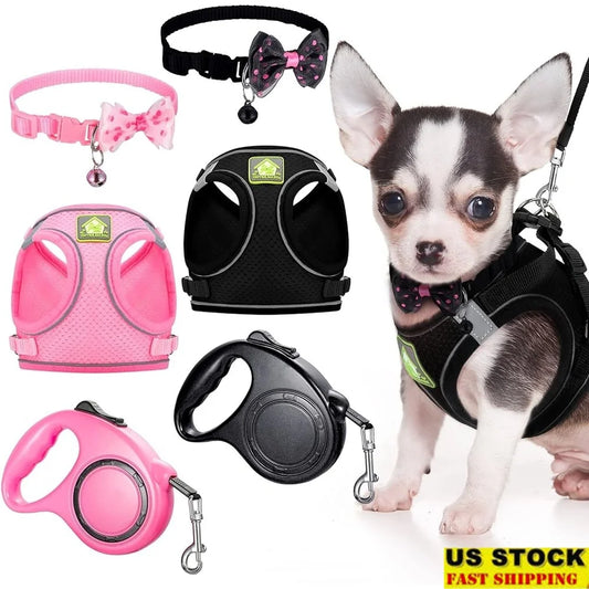 XMSJ 6-Piece Dog Harness Set With Retractable Leash Bowknot Collars