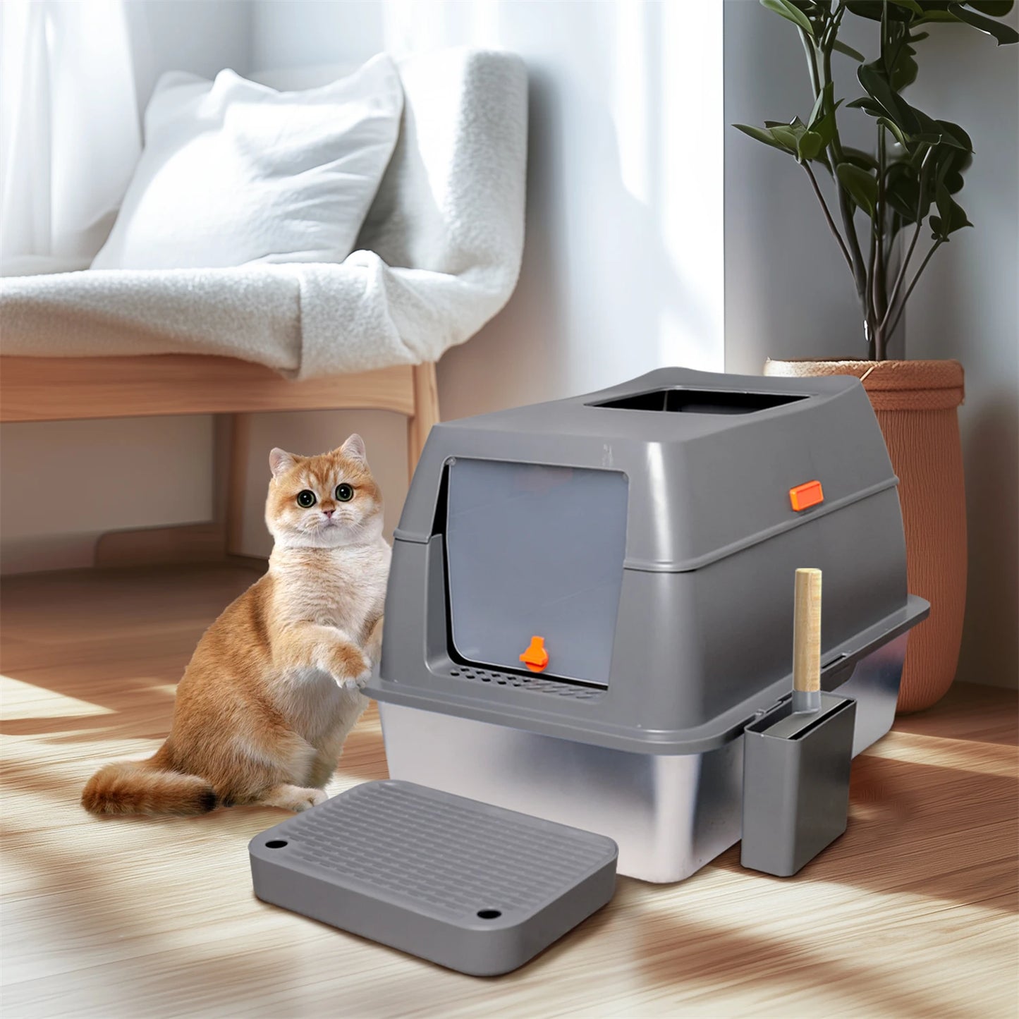 Feature Enclosed Stainless Steel Cat Litter Box With Lid