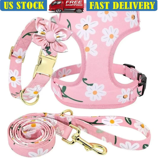 XMSJ Cute Floral Dog Harness Leash Set With Adjustable Collar