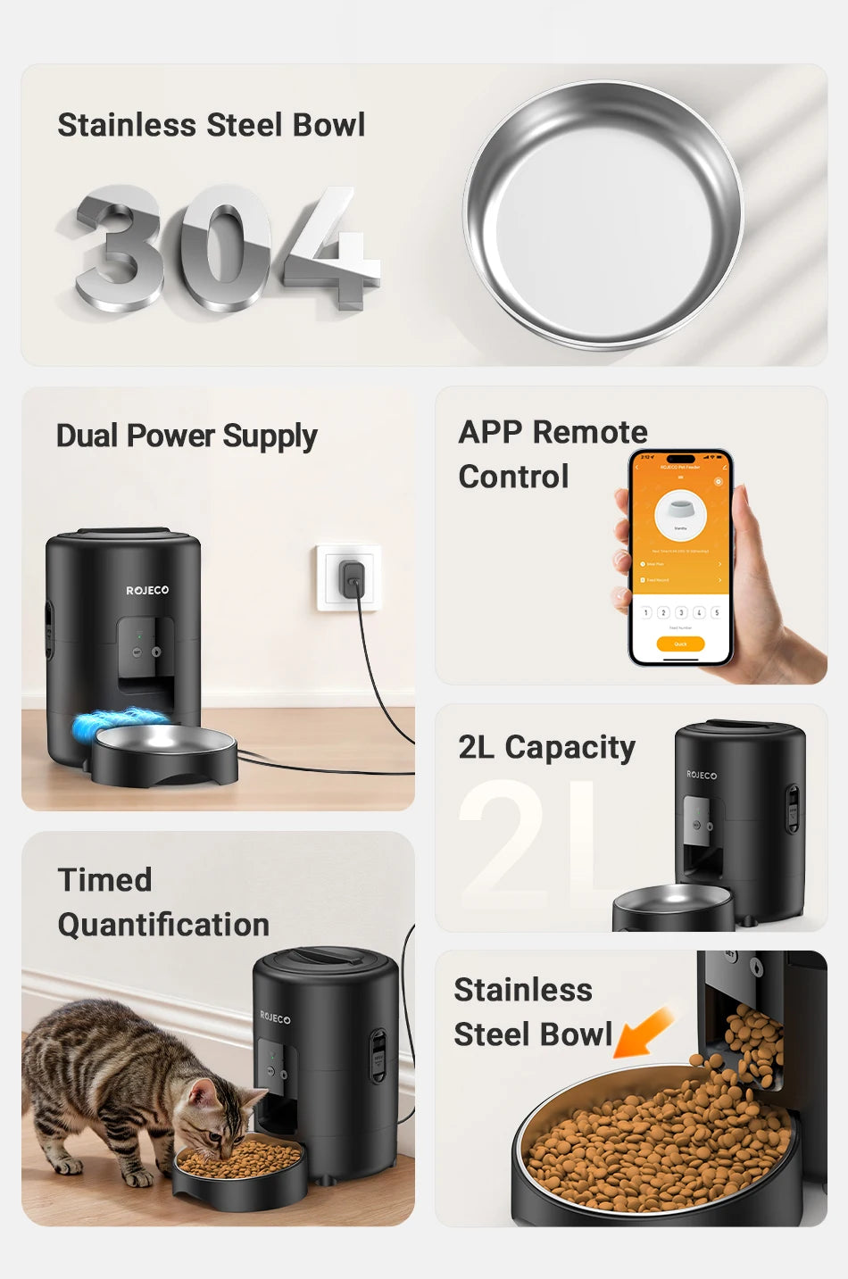 ROJECO Automatic Cat Feeder With WiFi App Remote Control